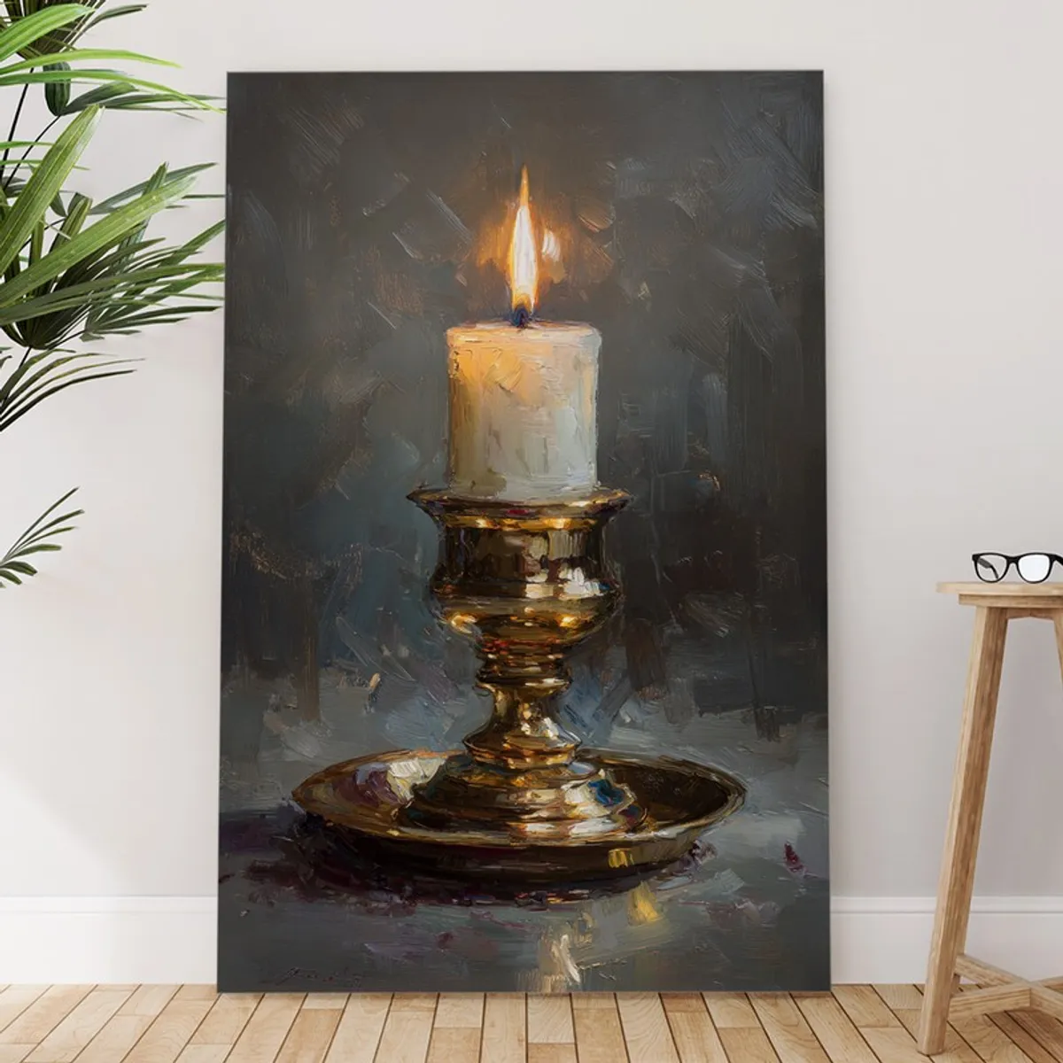 Large rectangular candle canvas painting leaning against a wall in a room setting
