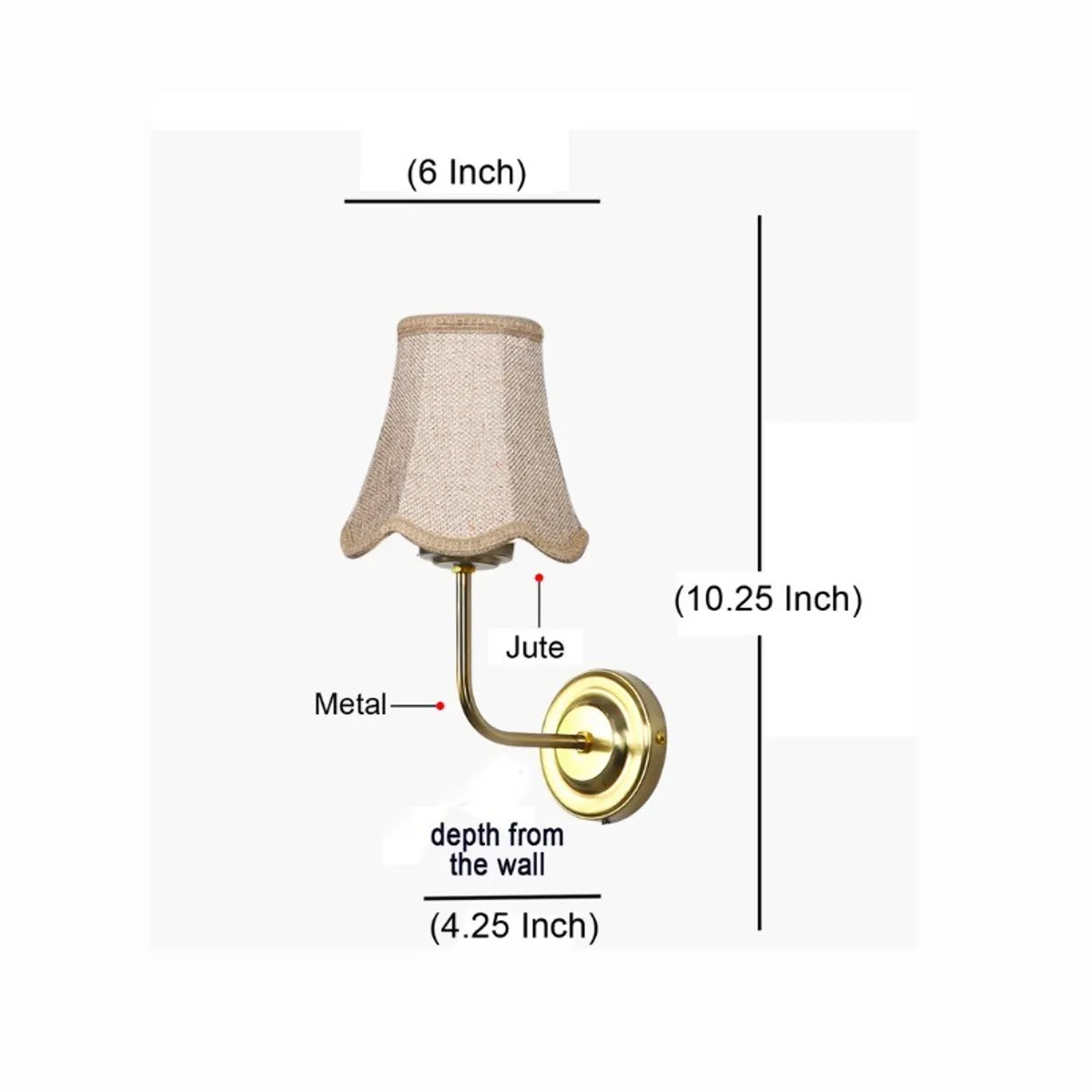 Wall lamp with beige shade shown with visible jute, metal and dimension callouts