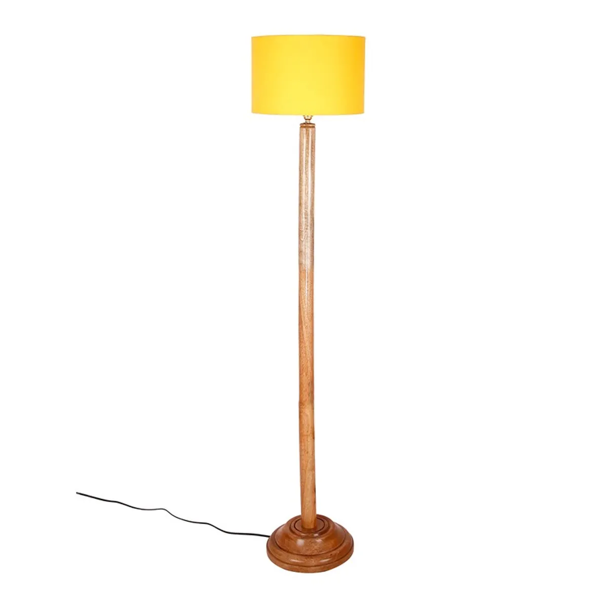 Front view of a wooden floor lamp with yellow drum shade on a white background