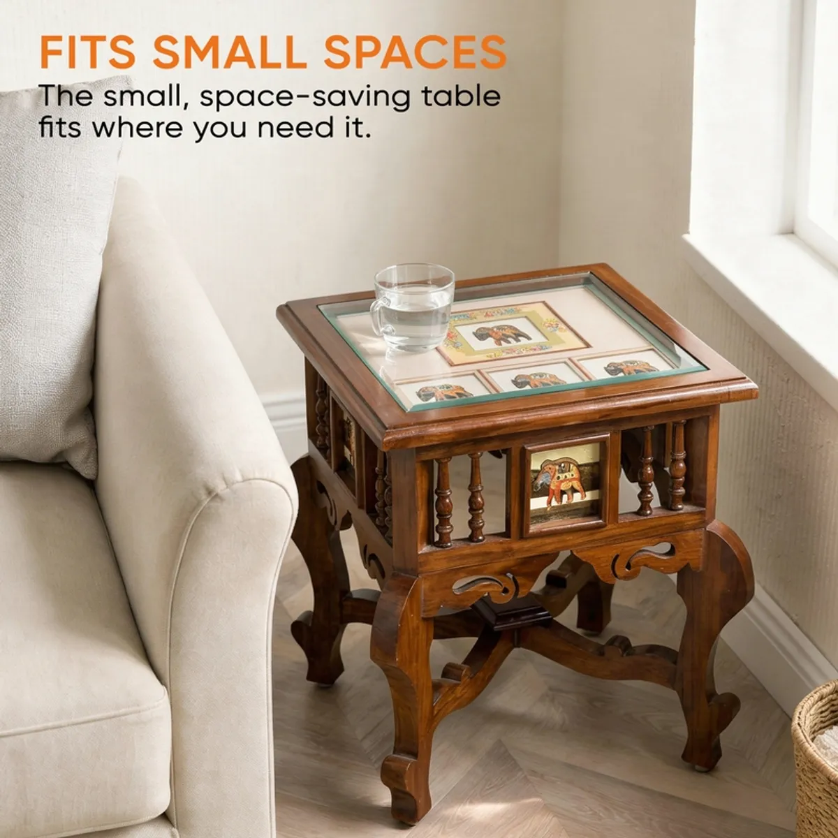 Compact brown side table placed next to a sofa in a living room corner