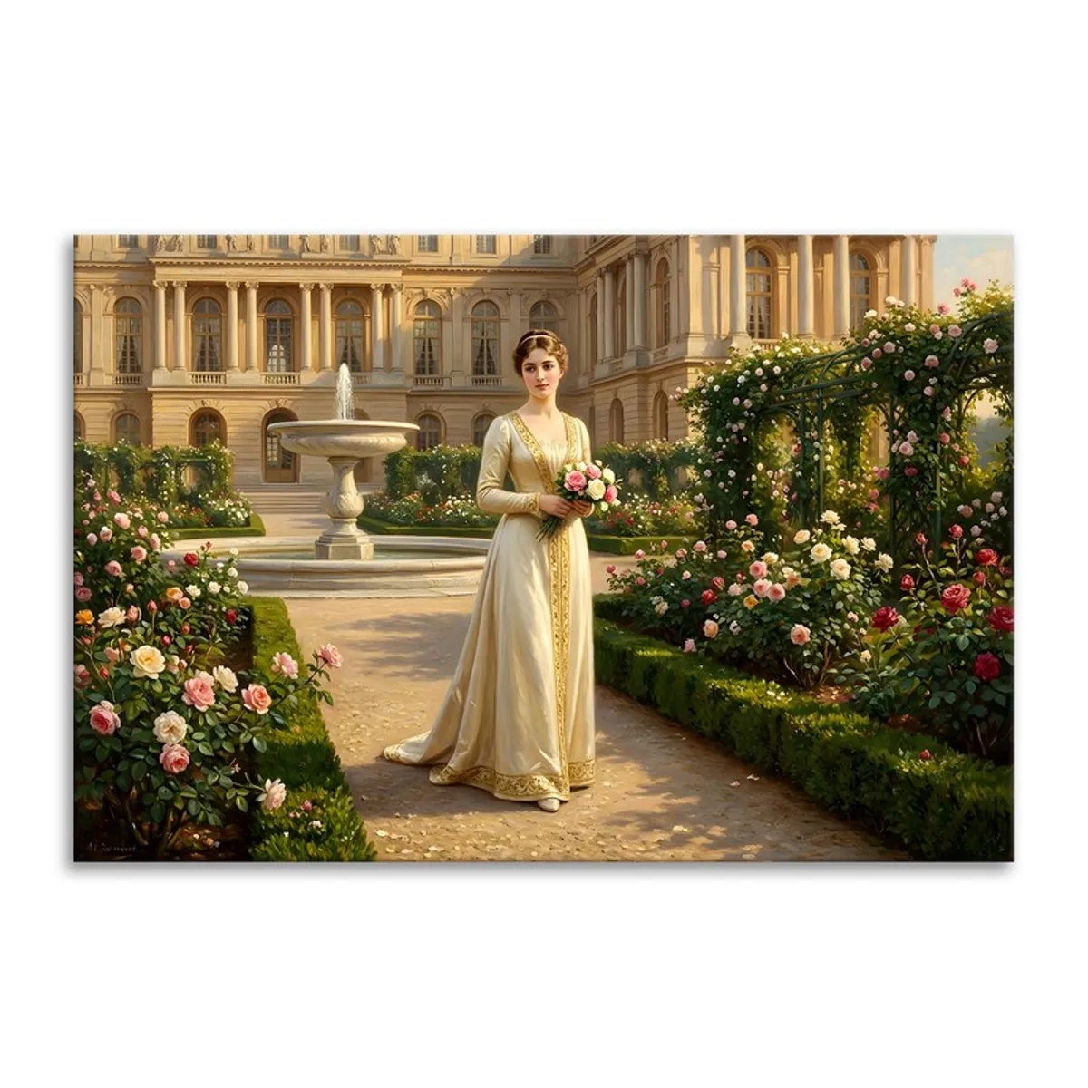 Framed canvas wall art showing a woman in a formal garden with a fountain and palace backdrop.