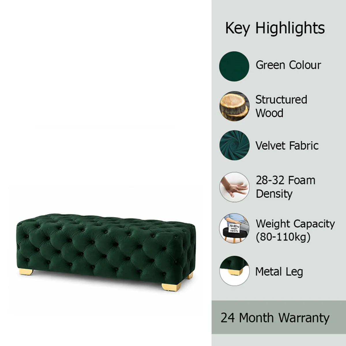 Angled green velvet tufted bench shown against a white background