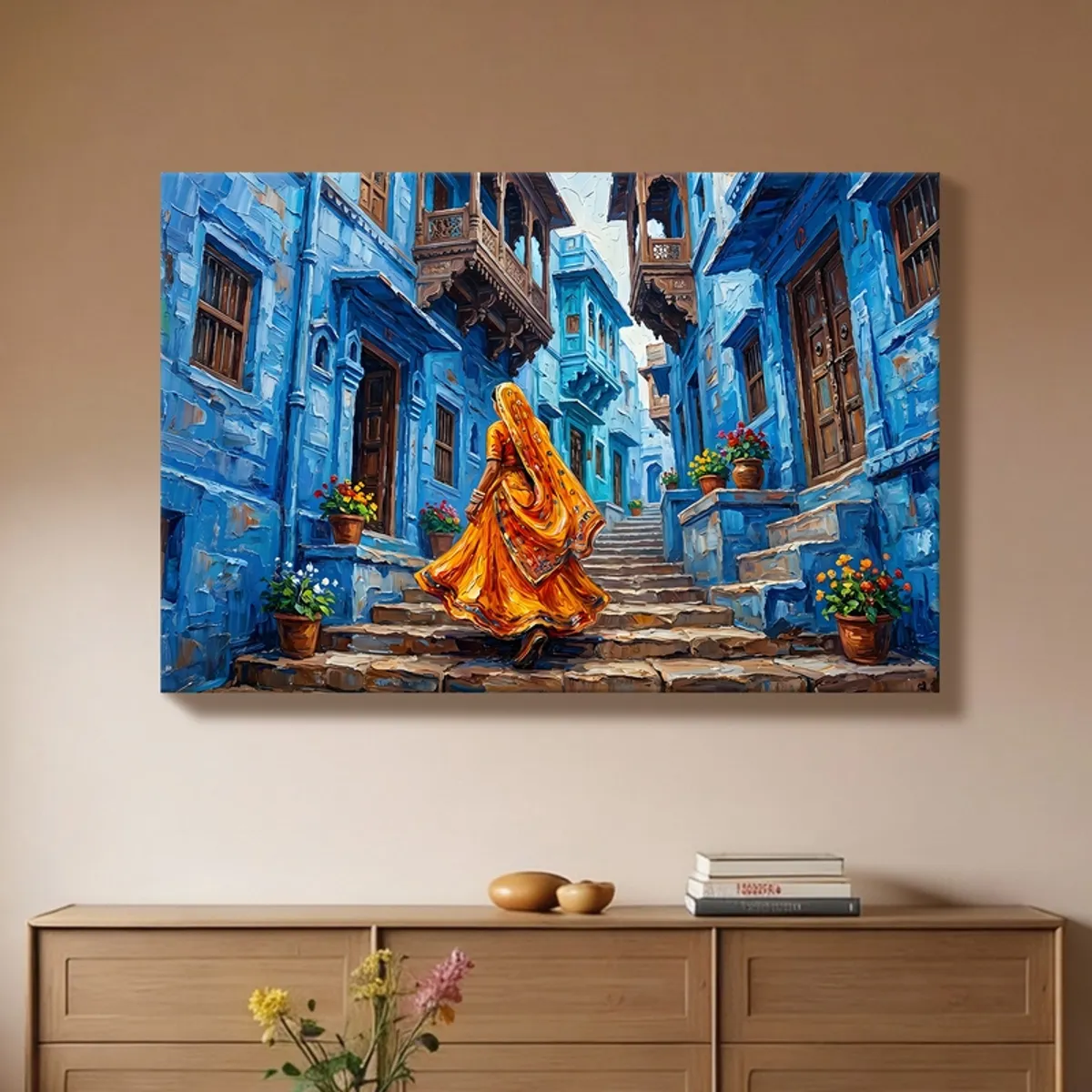 Blue heritage lane wall painting displayed above a wooden console