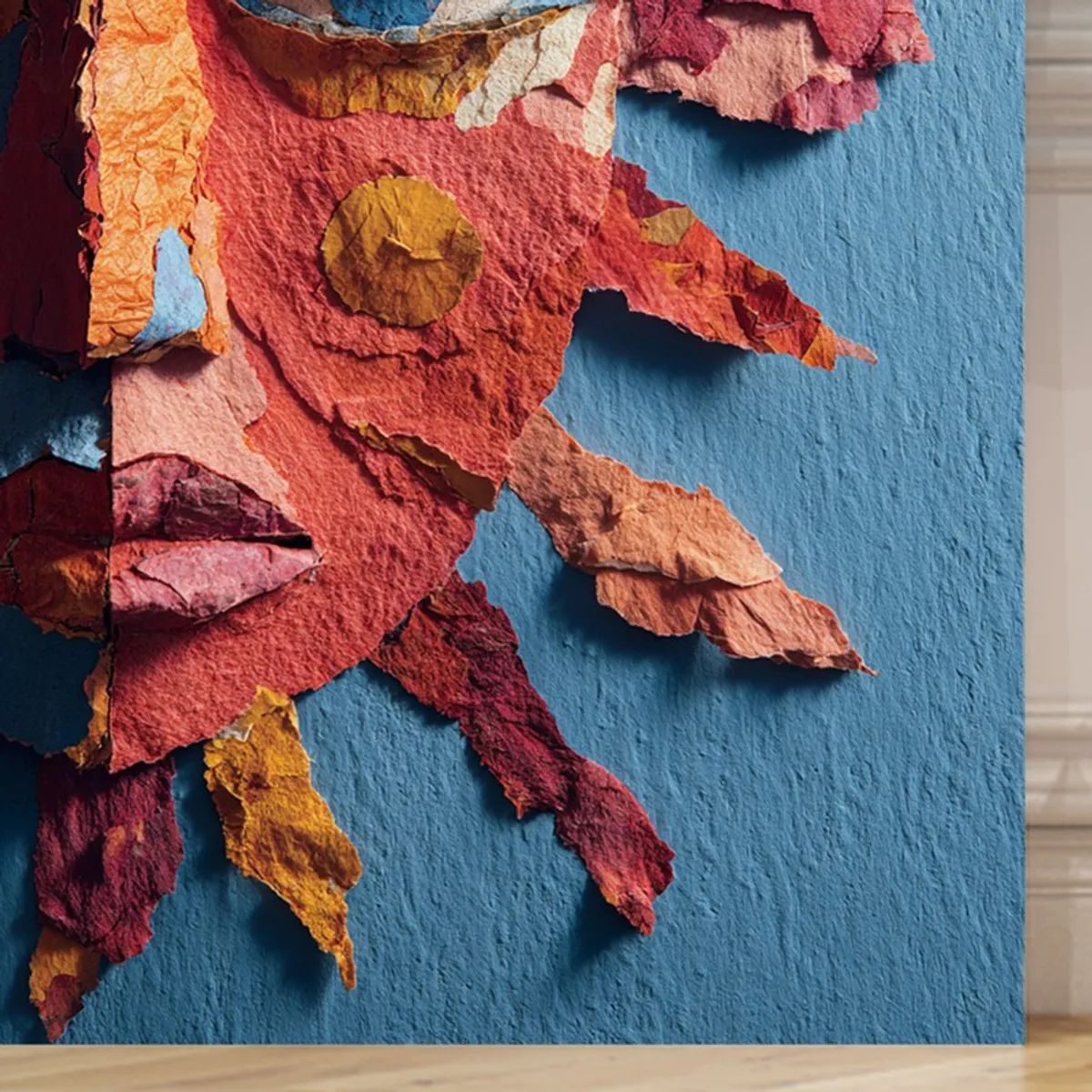 Close-up of the textured abstract face and sun artwork on canvas