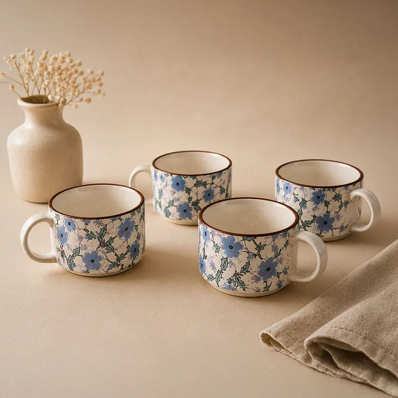 Four blue floral ceramic tea cups displayed together