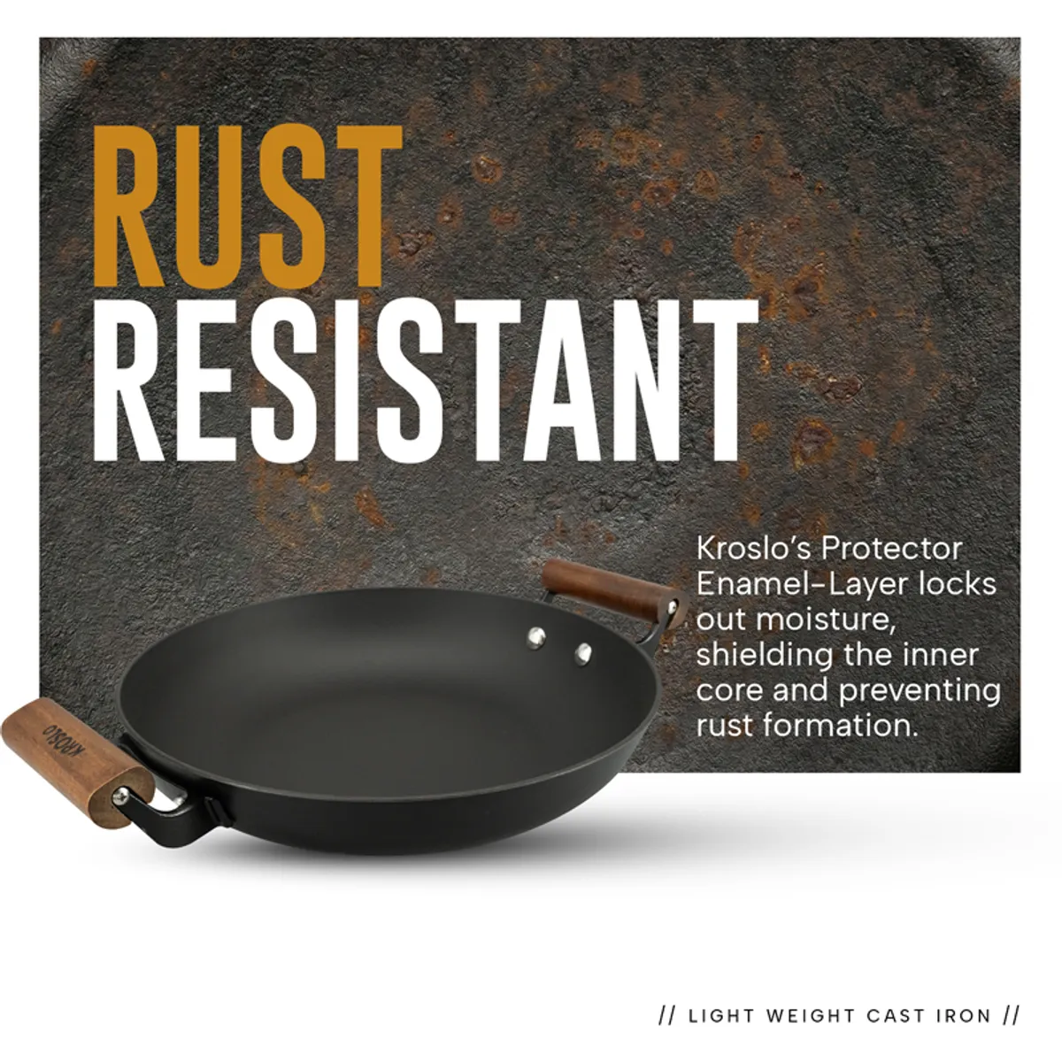 Black round kadhai shown against a textured rust-coloured background