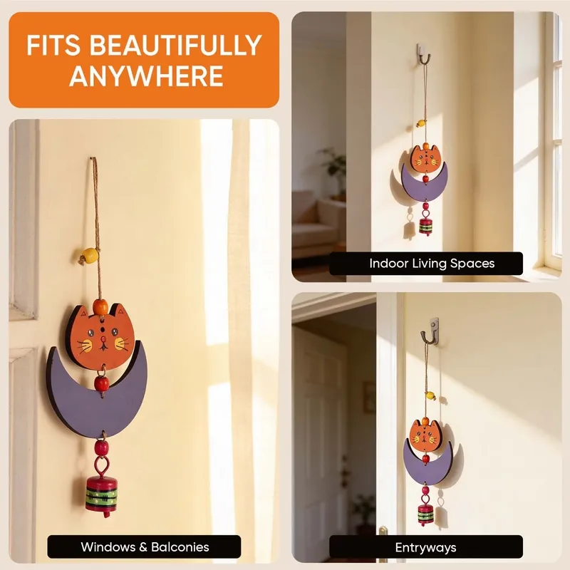 Cat-and-moon windchime styled in indoor living spaces, windows and entryways.