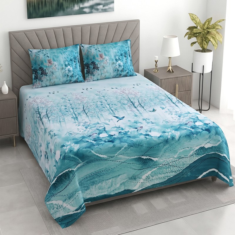 Avenza Cotton Bedsheet - Blue,White - King