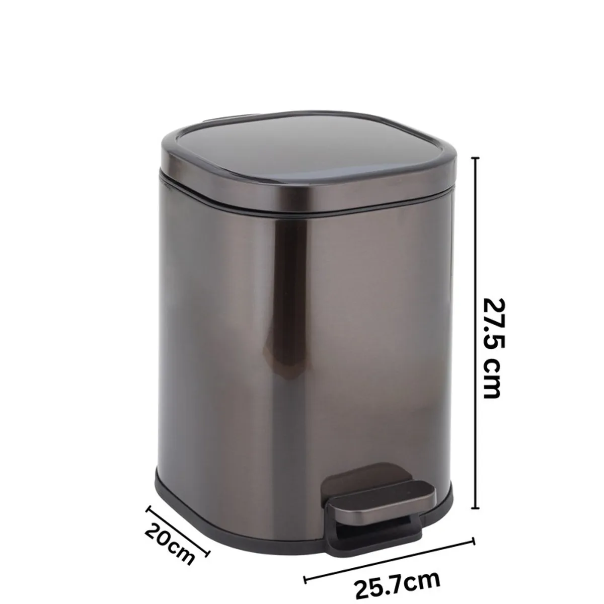 Black and silver dustbin front view with dimensions shown