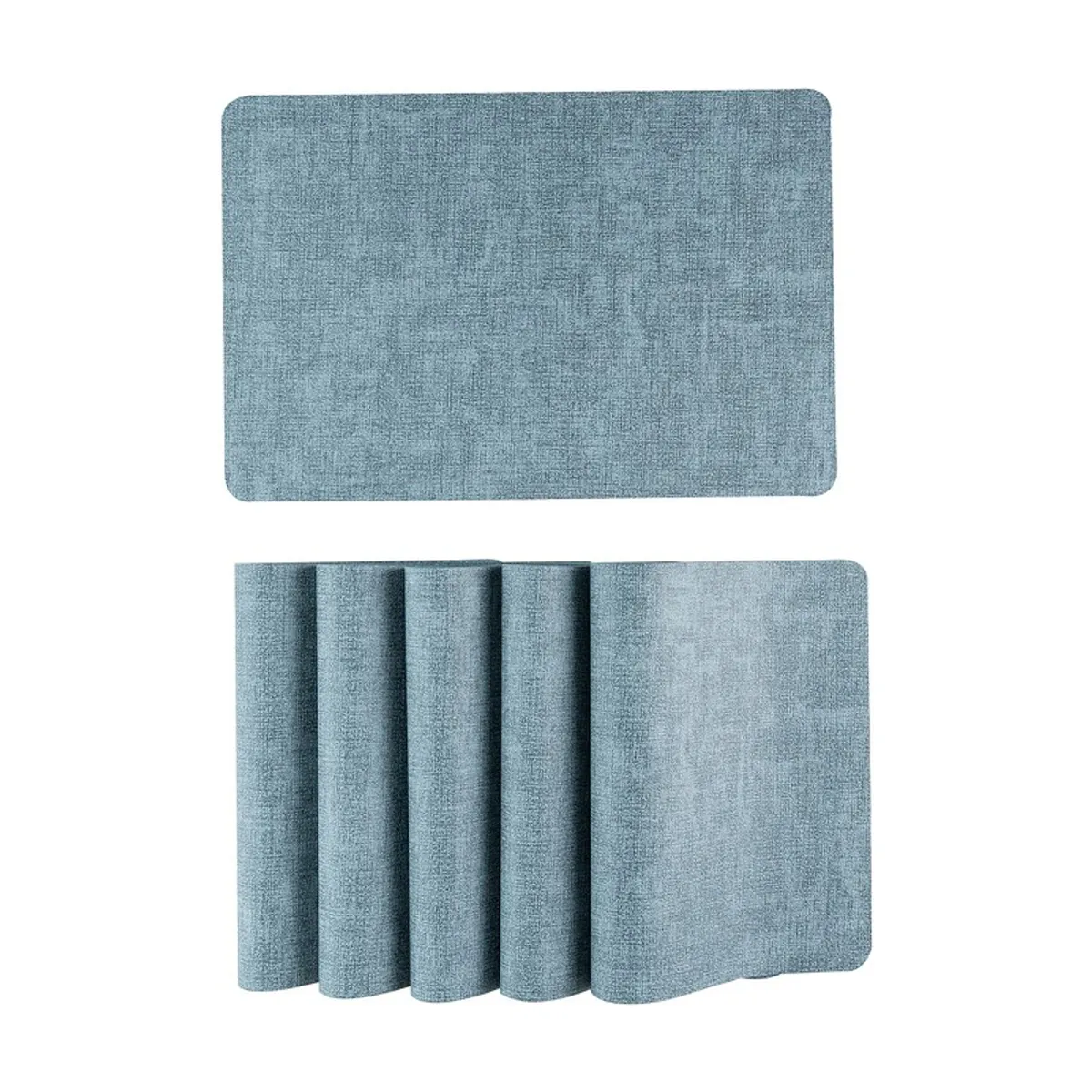 Single blue rectangular table mat with rolled mats displayed below