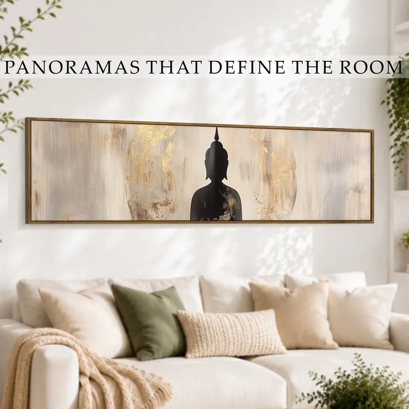 Panoramic framed Buddha wall art styled above a sofa