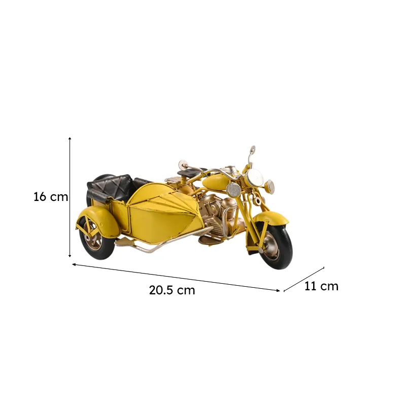 Yellow sidecar motorcycle showpiece with dimension markers