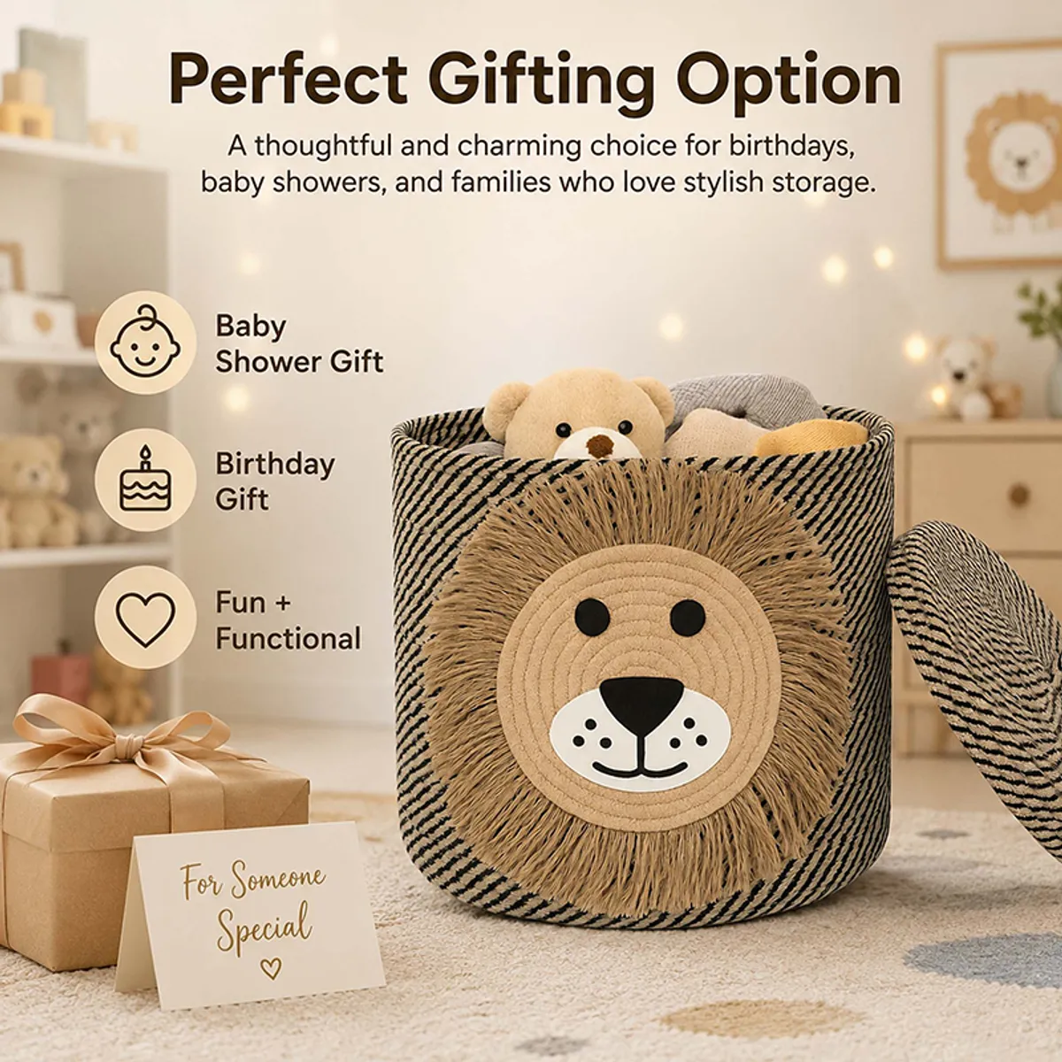 Lion-face storage basket styled as a gift idea in a cosy room