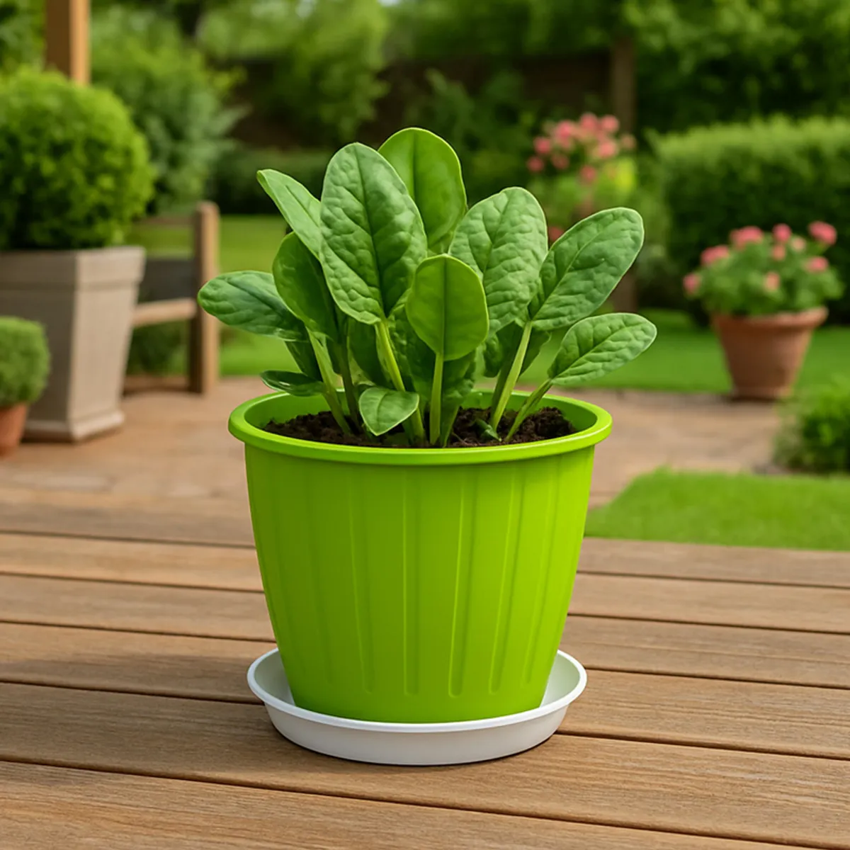 Bright green planter with leafy plant and white drip tray on an outdoor wooden deck.