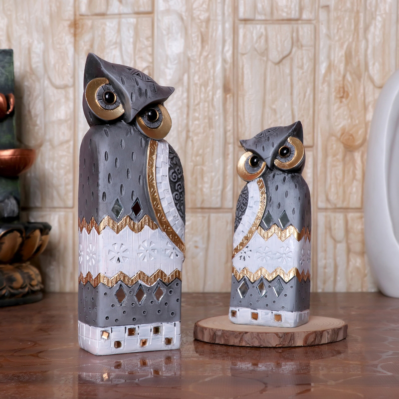 Arabian Owl Showpiece (Grey) - Set of Two