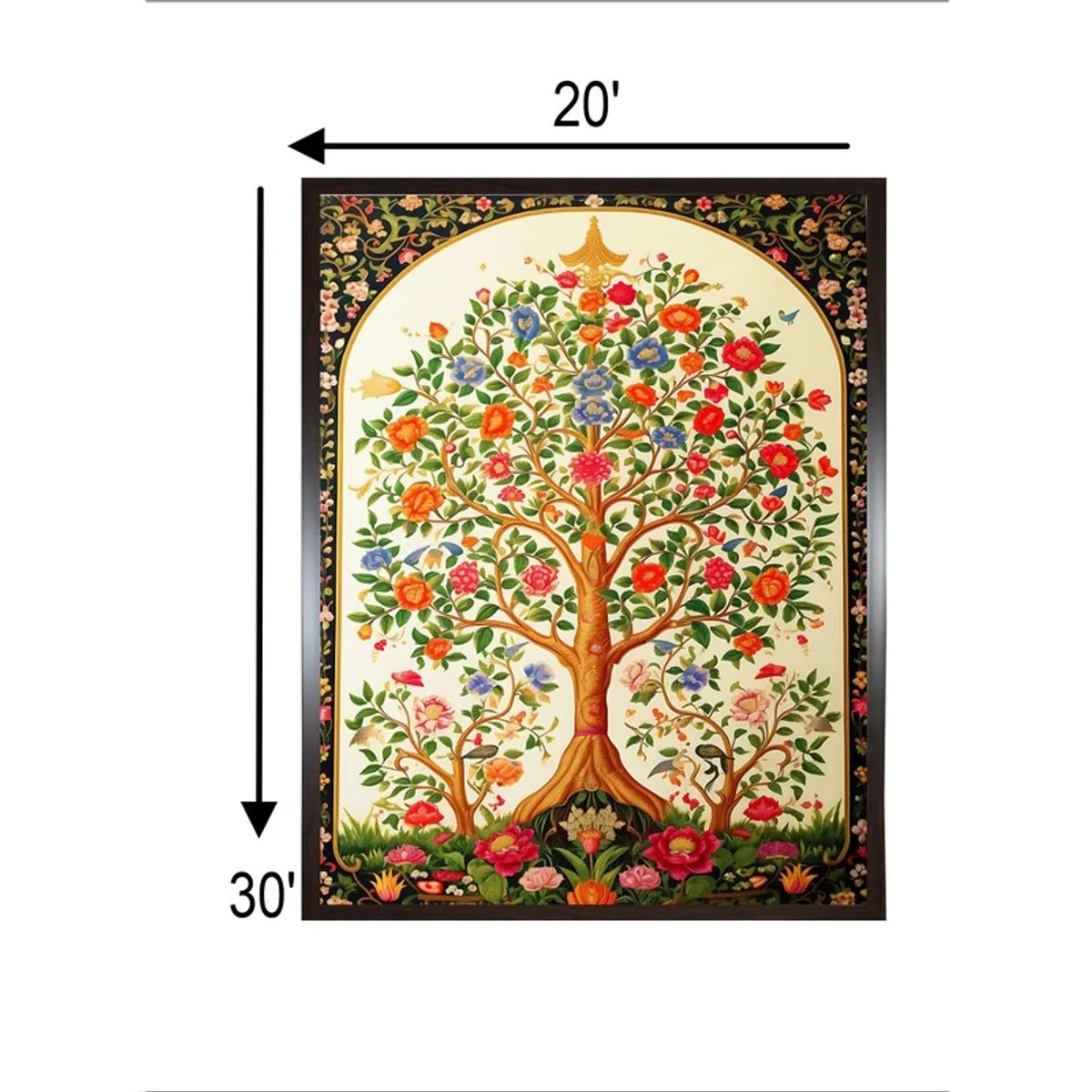 Framed floral tree wall painting with dimensions shown visually