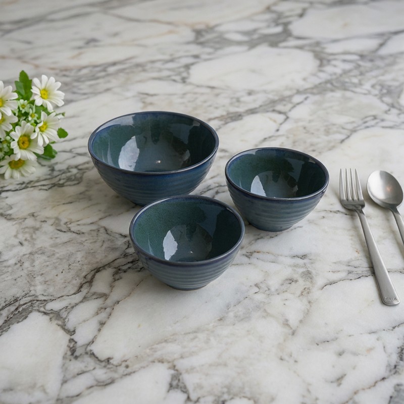 Comfort Serve Ceramic Serving Bowls (800 mL/700 mL/400 mL/Blue) - Set of Three - Bundles