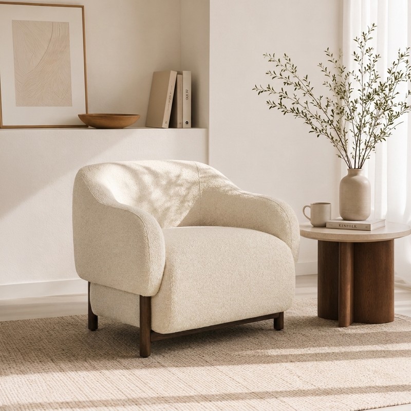 Silhouette Teak Wood & Suede Accent Chair - White