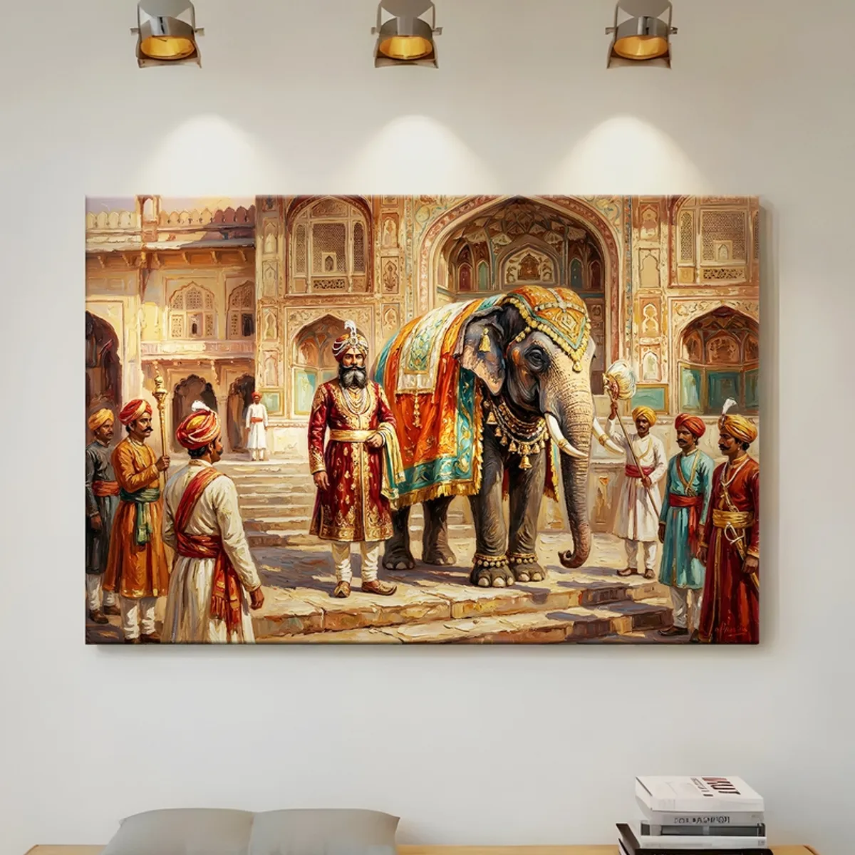 Large canvas wall painting of a decorated elephant and attendants