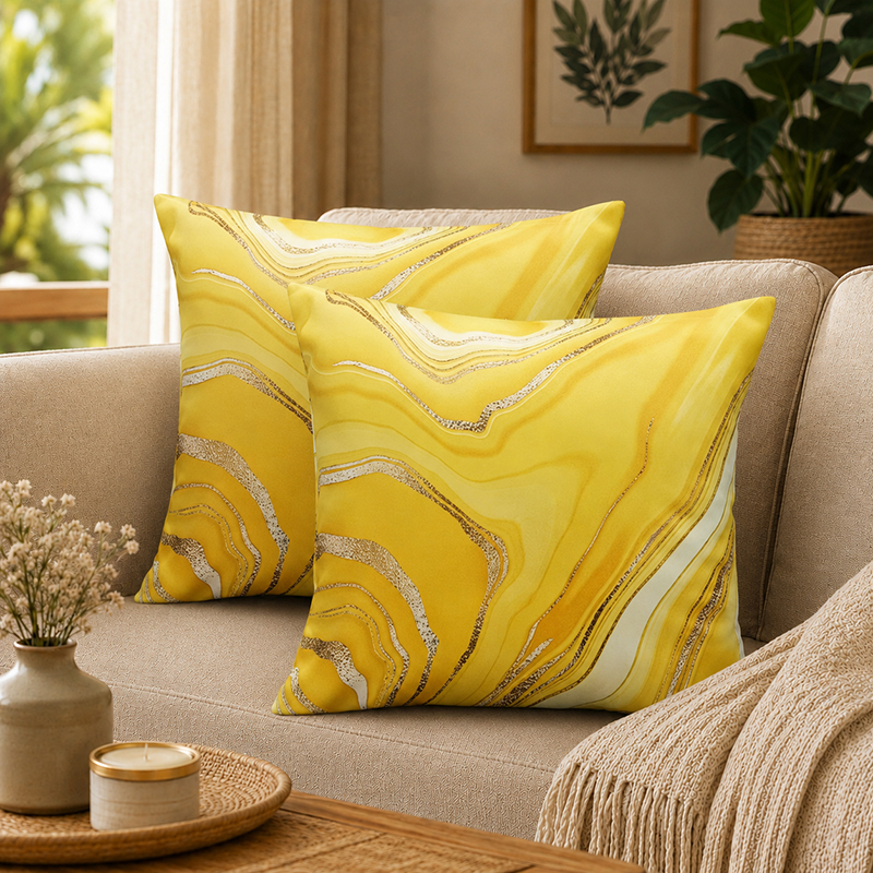 Marbled Swirl Printed Cushion Covers (Yellow) - Set of Two - 16 x 16 Inches