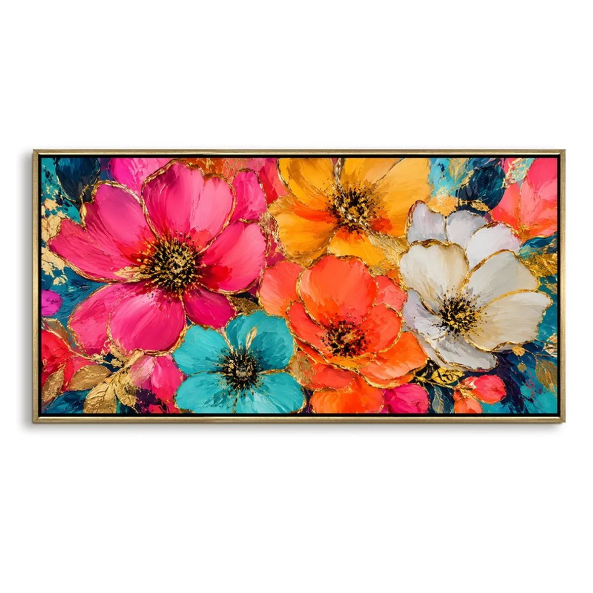 Close view of a multicolour floral canvas wall painting with a slim gold frame