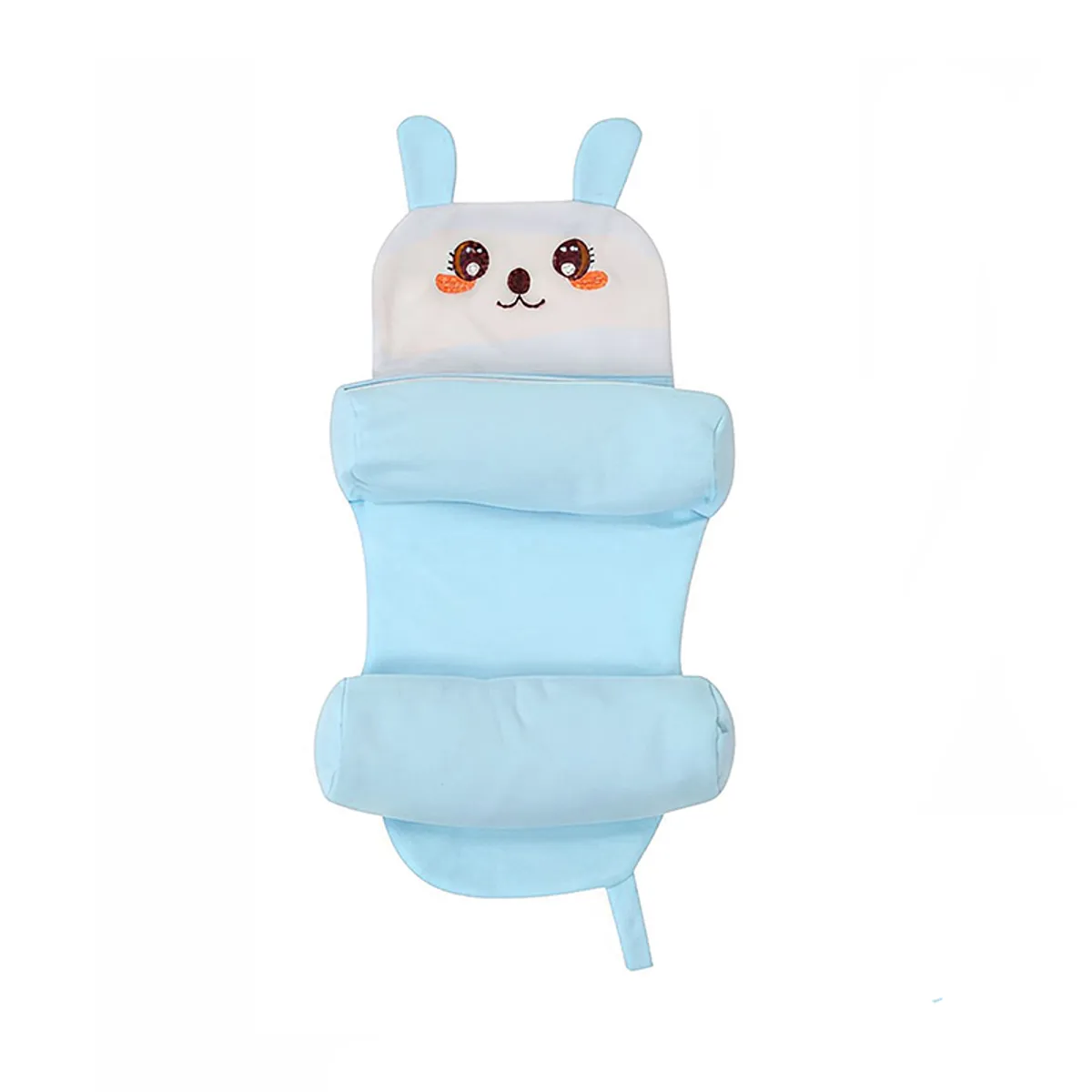 Front view of blue and white bunny-face baby neck pillow