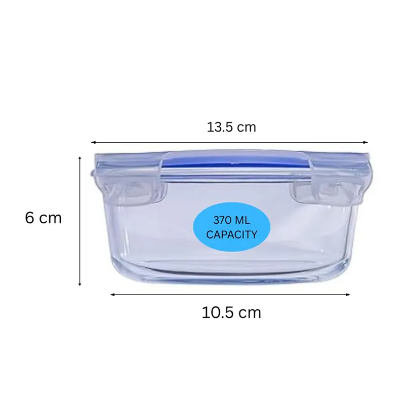 Side view of glass container with blue lid and printed size markings