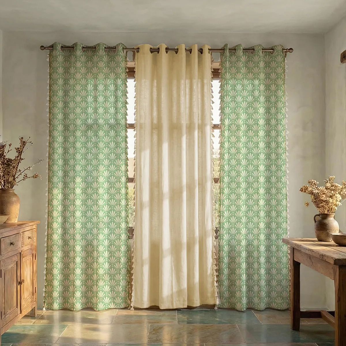 Three-panel curtain arrangement in sage green and off-white tones in a living room