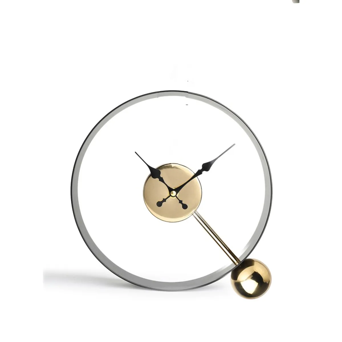 Side angled view of black and gold round table clock