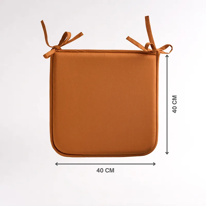 Single brown chair pad with tie-up corners and size arrows shown