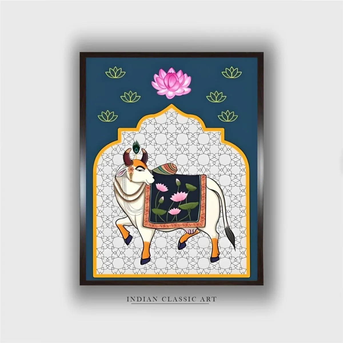 Front view of framed Indian-style cow and lotus canvas wall painting