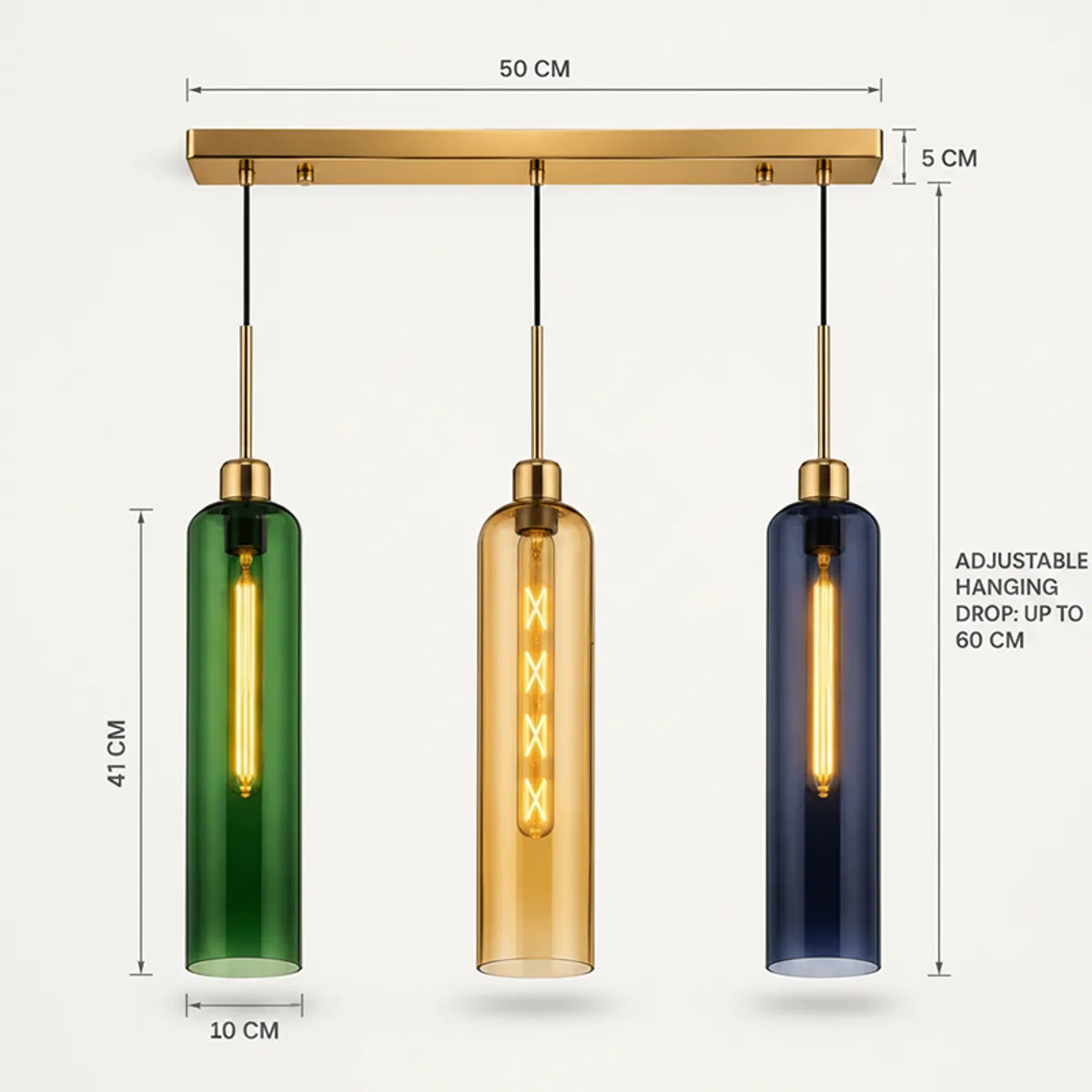 Dimension view of the linear trio ceiling lamp with adjustable hanging drop
