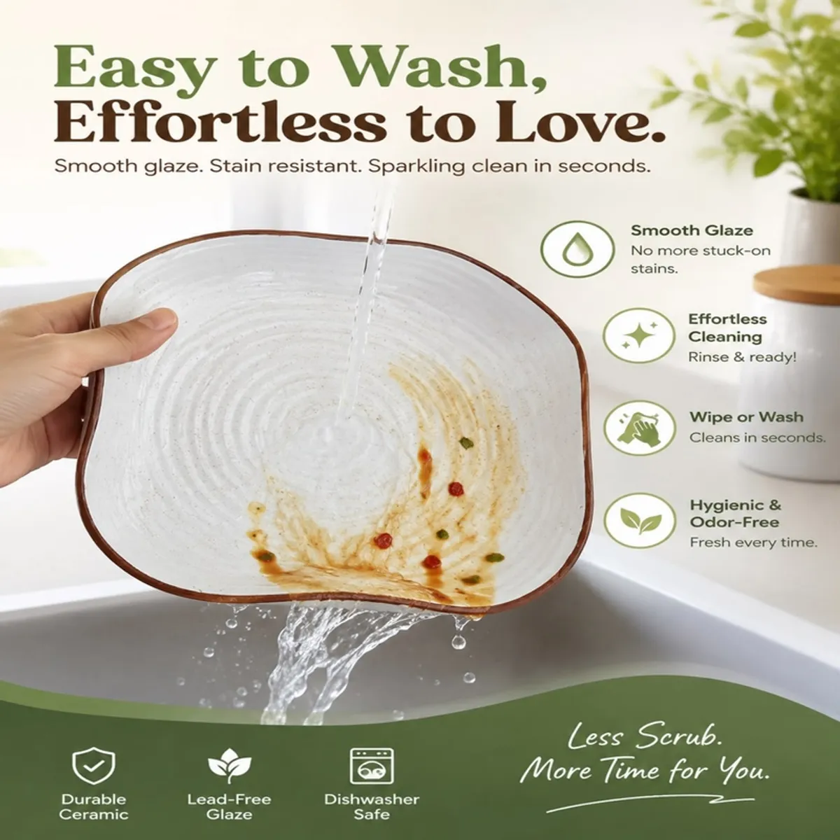 White ceramic platter being rinsed under running water in a sink.