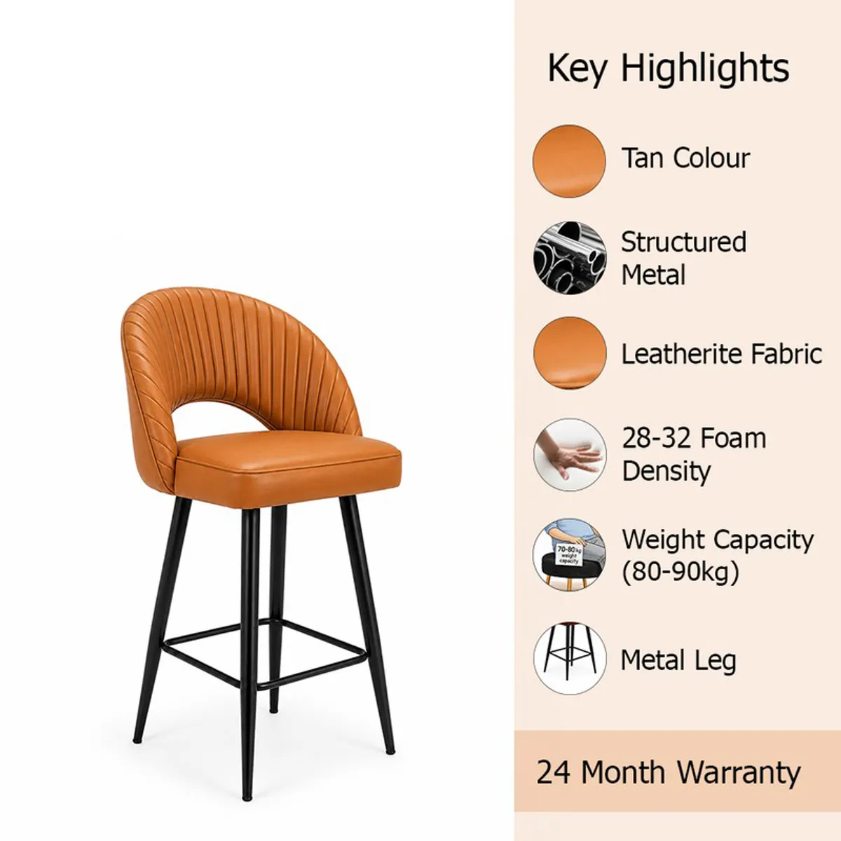 Orange ribbed bar chair with black legs beside highlight icons