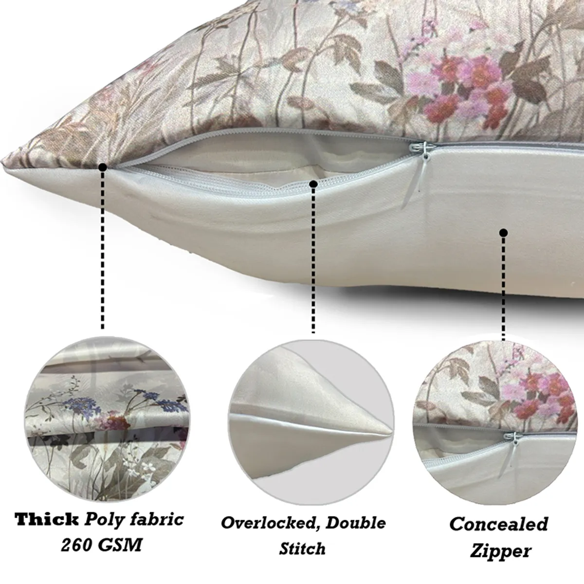 Close-up of a floral cushion cover showing its zip closure and stitched edge.