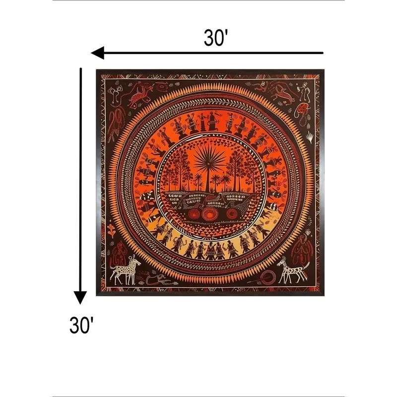 Framed tribal village life wall painting shown with size arrows