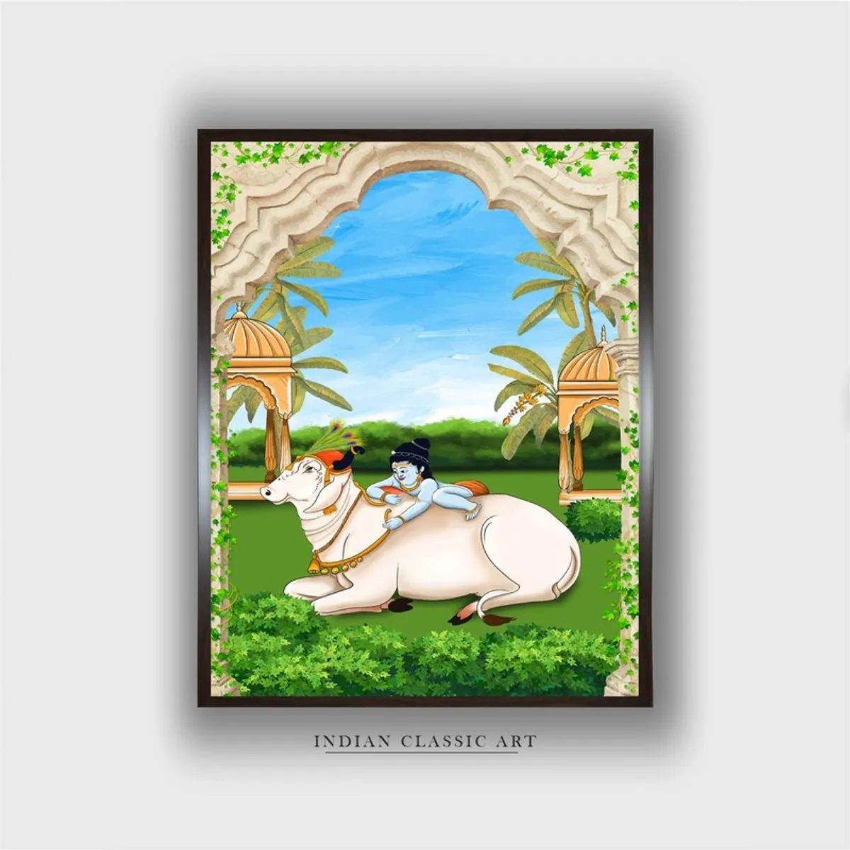 Front view of framed Baby Krishna on Nandi canvas wall painting