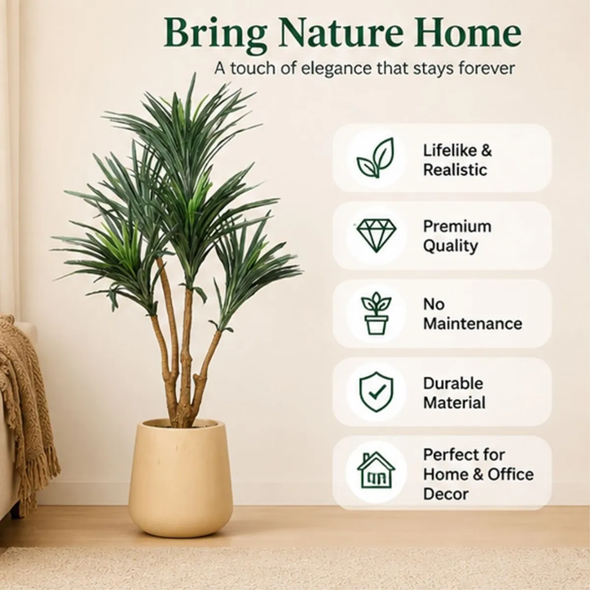Artificial yucca plant displayed in a pot beside feature text about home decor