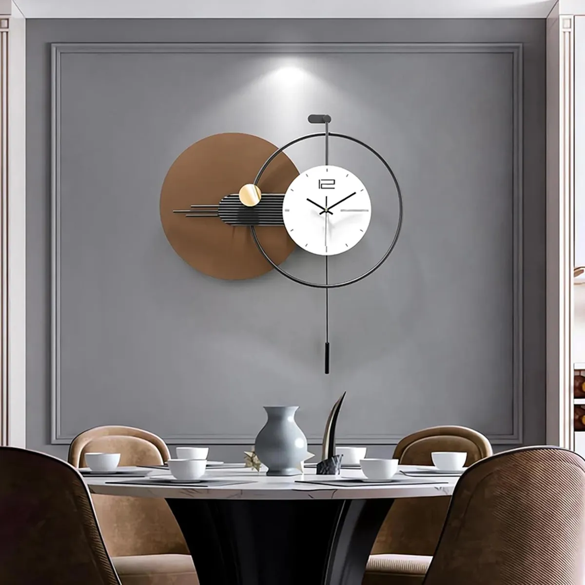 Large geometric wall clock styled above a dining table in a modern room