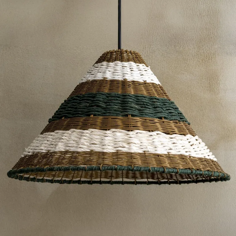 Angled close view of the woven striped ceiling lamp shade