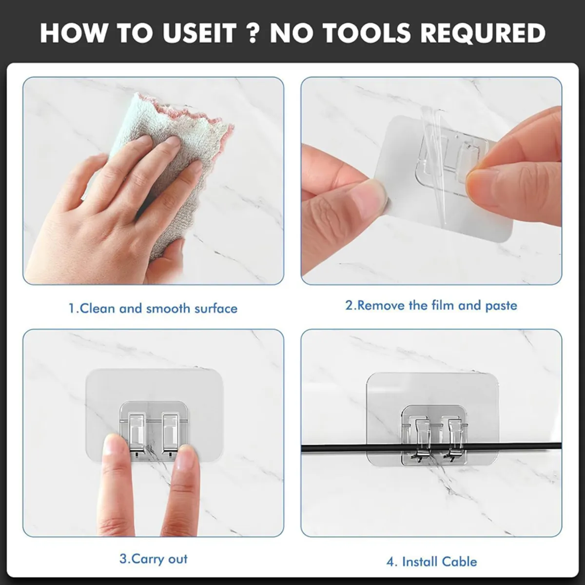 Step-by-step visual showing how to apply the transparent adhesive hook