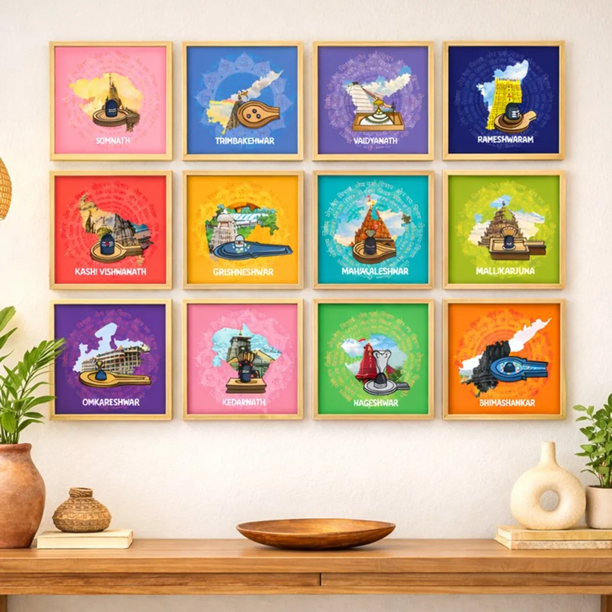Front view of twelve square framed Lord Shiva Jyotirlinga paintings in bright varied colours