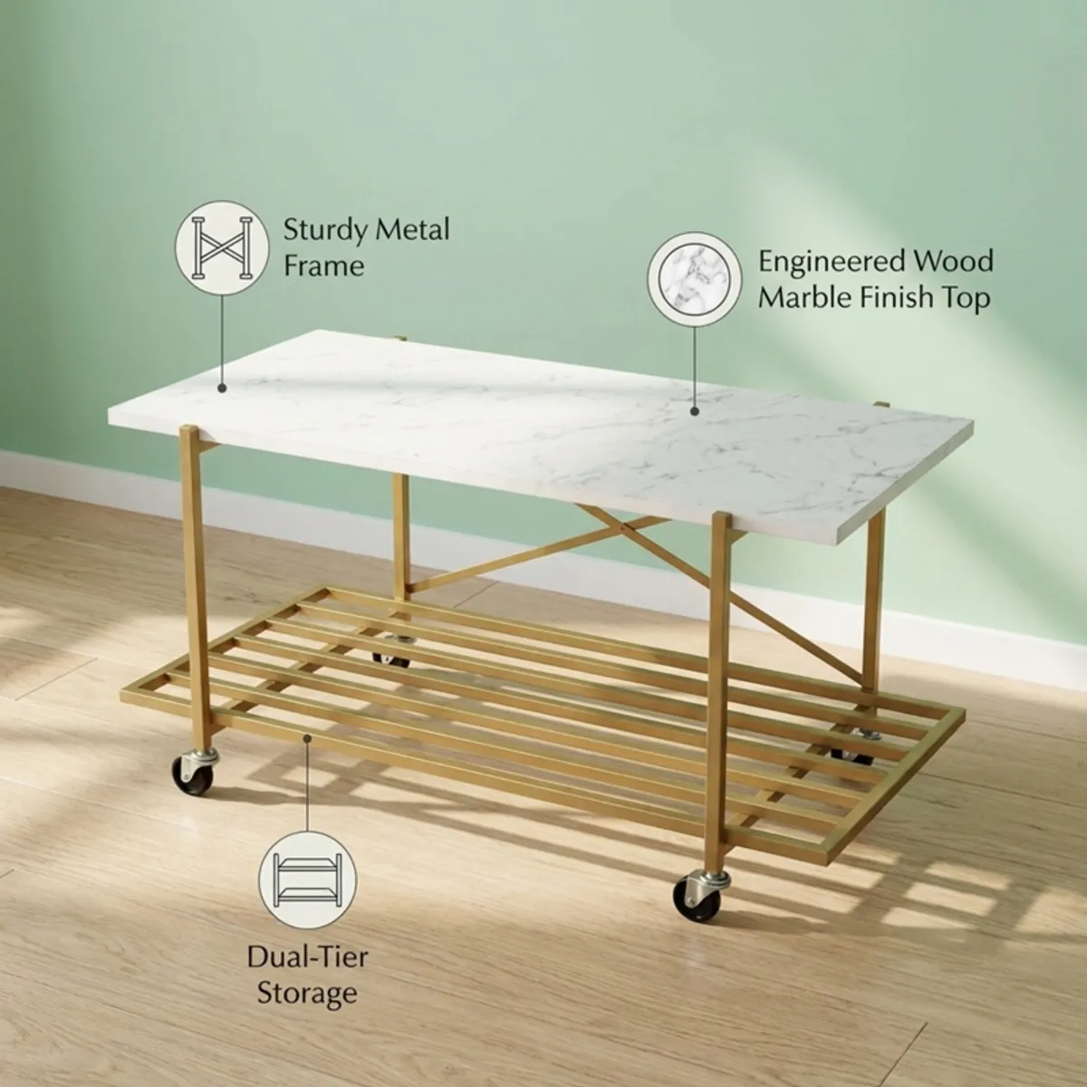 White-and-gold wheeled coffee table showing its two-tier structure