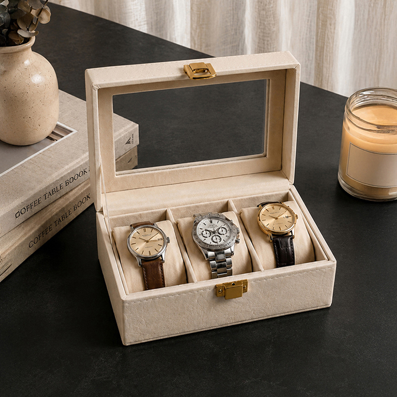AarviDecor WristVault Faux Leather Watch Organizer - Off White