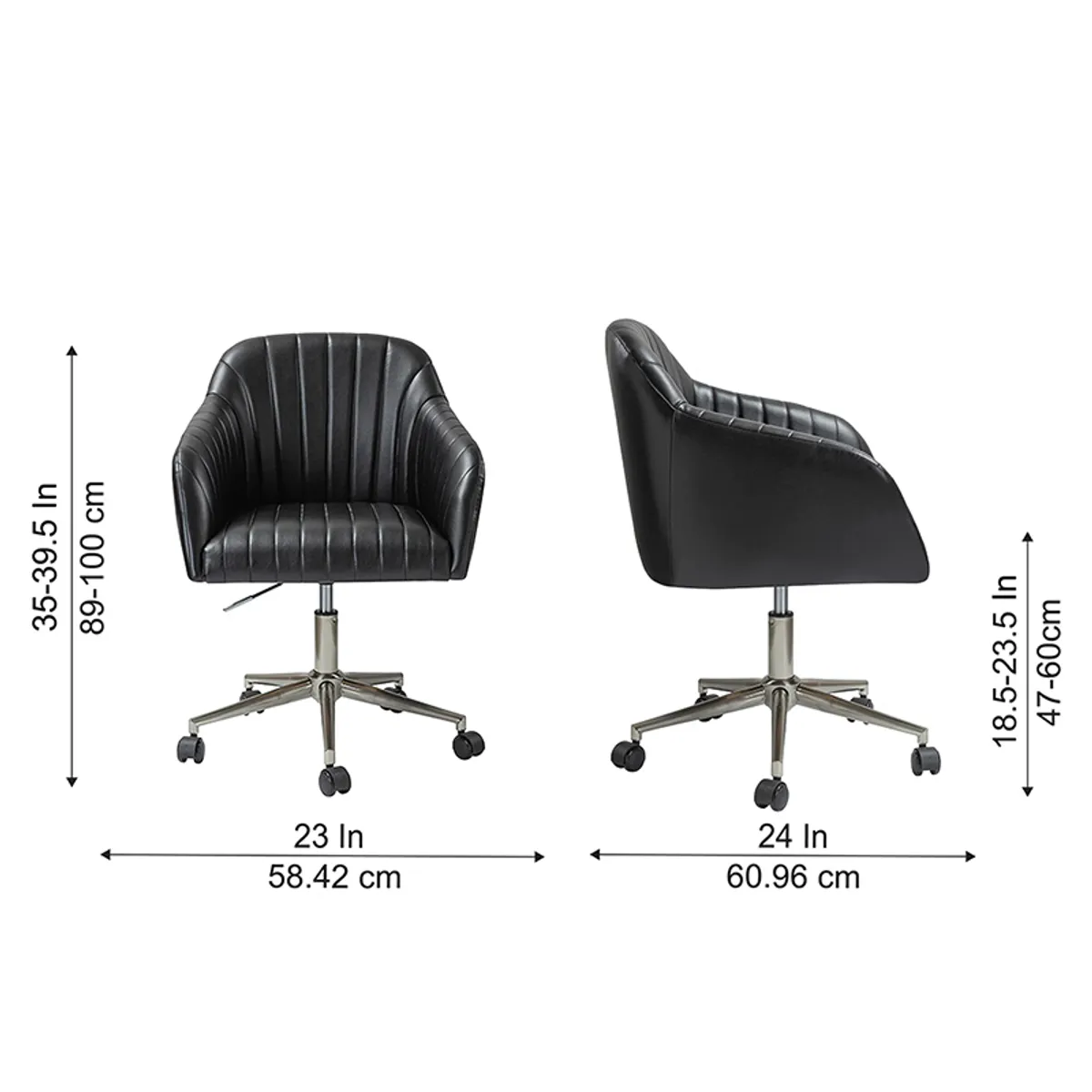 Black office chair shown from front and side with visible height and width measurements.
