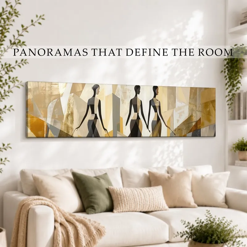 Wide abstract silhouette wall art in earthy tones styled above a cream sofa