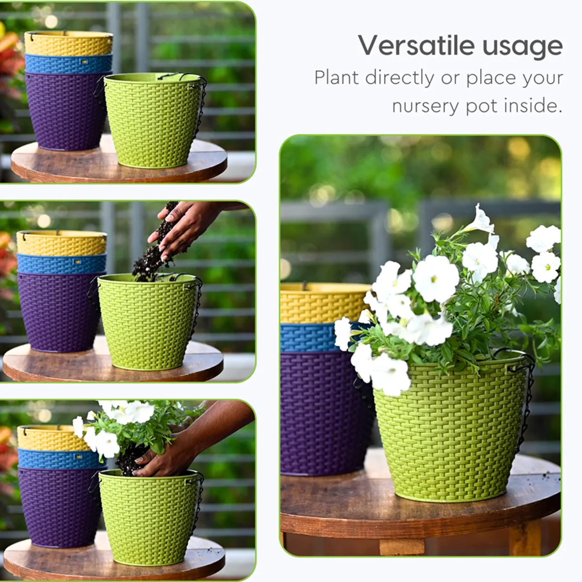 Green textured planter styled with white flowers on a table