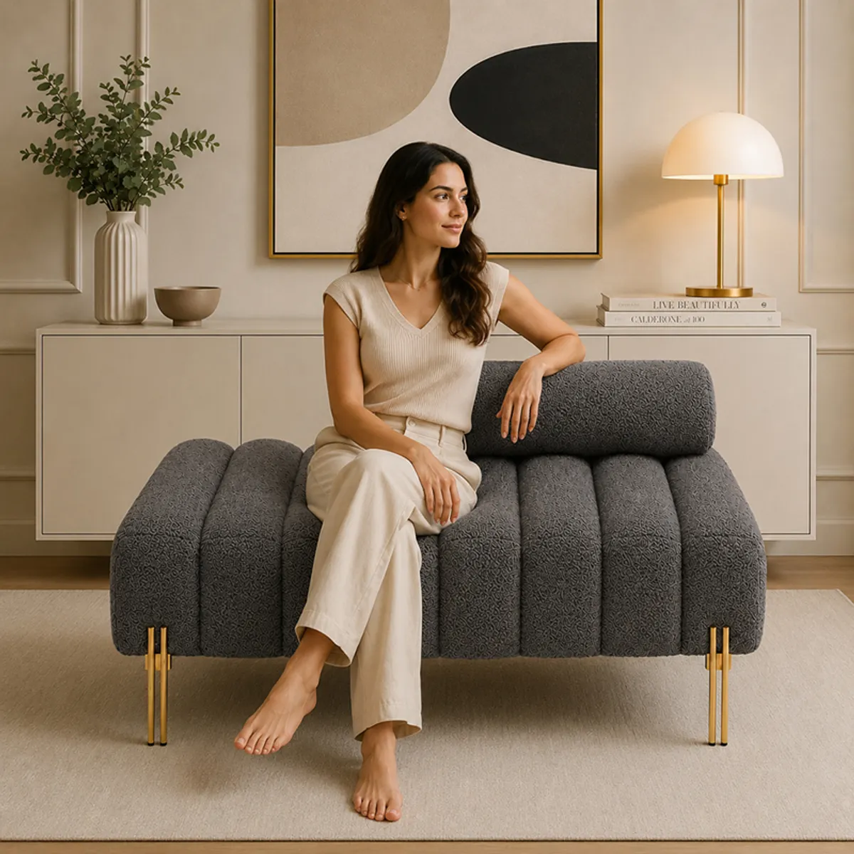 Person seated on a grey bouclé bench with a cylindrical backrest and gold legs