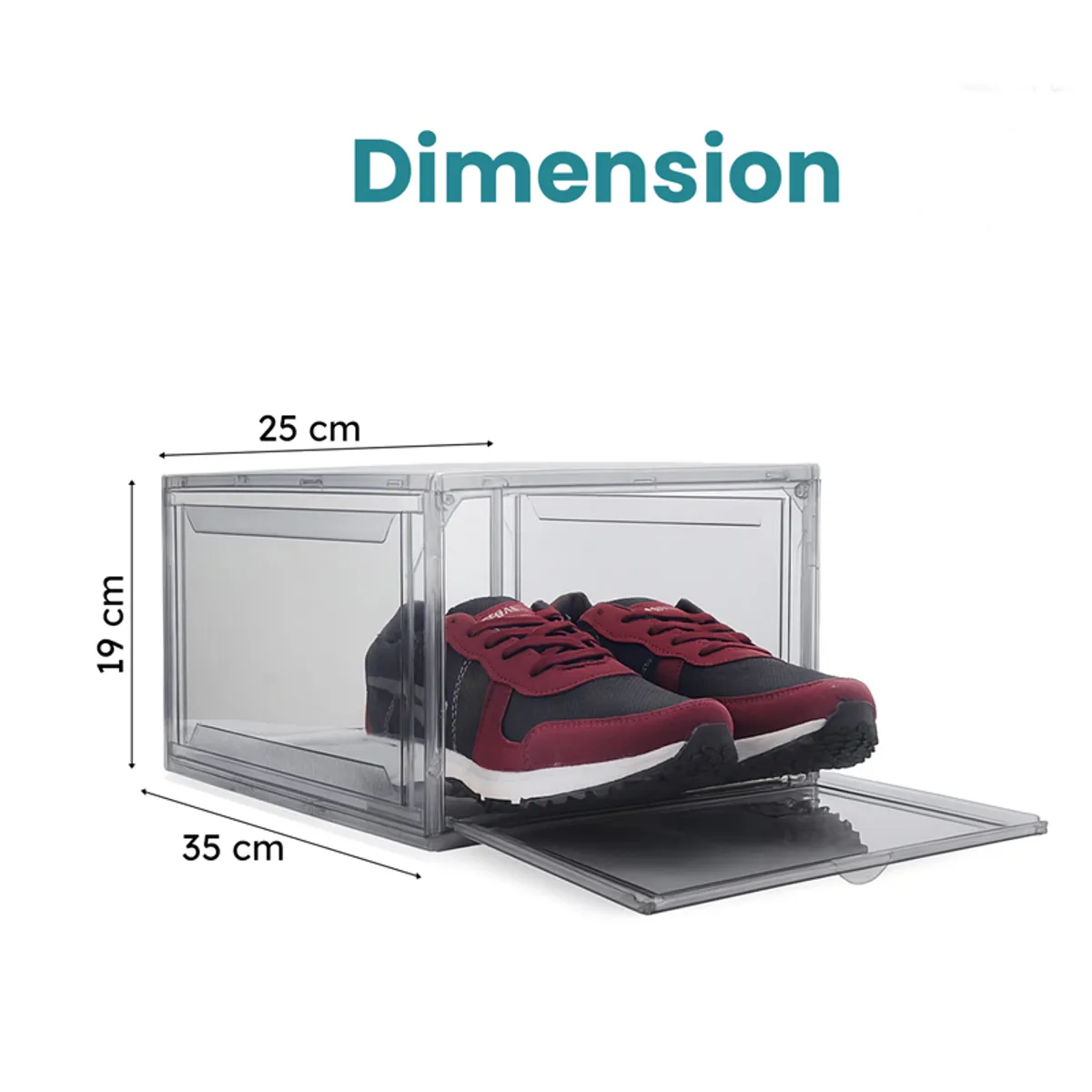 Transparent shoe rack with a drop-front door shown open beside dimension markings.