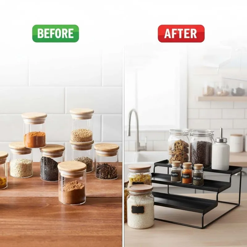 Before and after view showing countertop items arranged on a black tiered organiser.